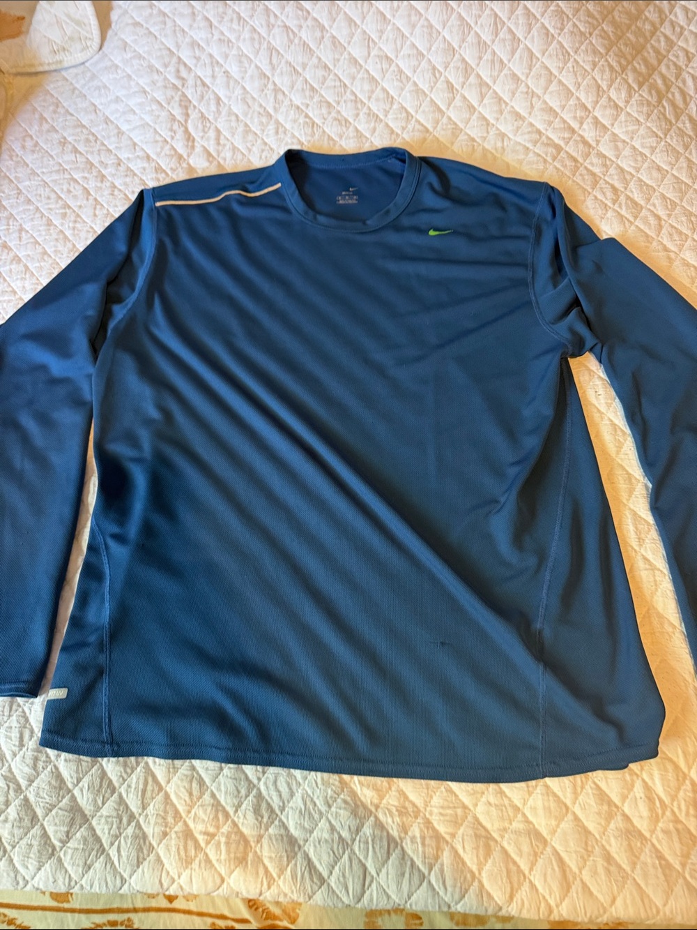 Nike Men's Long Sleeve Dri-FIT Athletic Top - Blue with Lime Swoosh